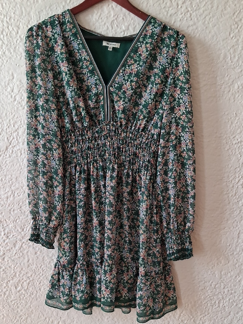 Green Floral Smocked Waist V-Neck Dress